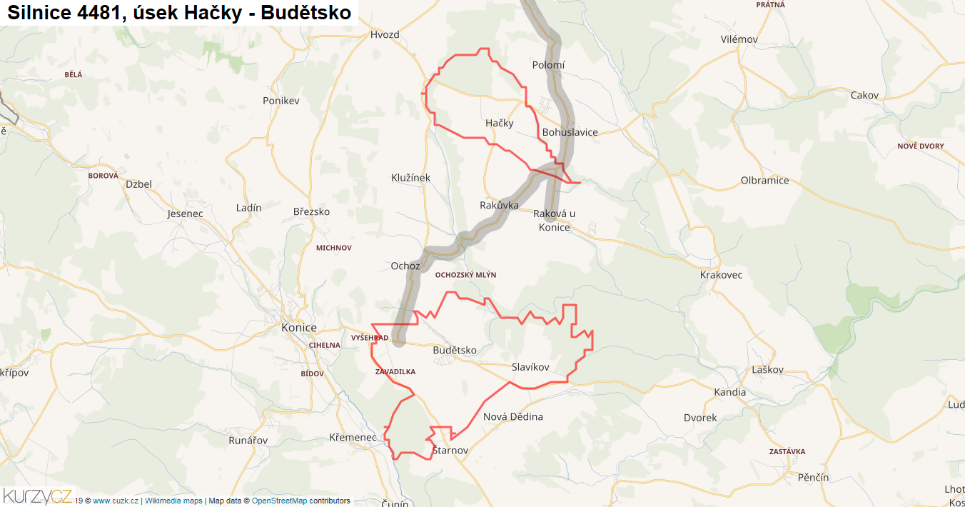 Úsek Hačky - Budětsko, Silnice 4481 - Mapa