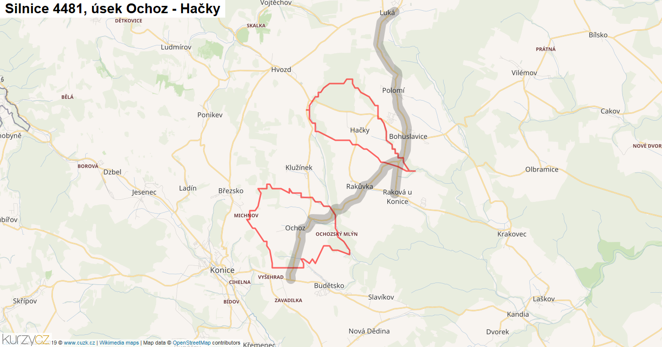 Úsek Ochoz - Hačky, Silnice 4481 - Mapa