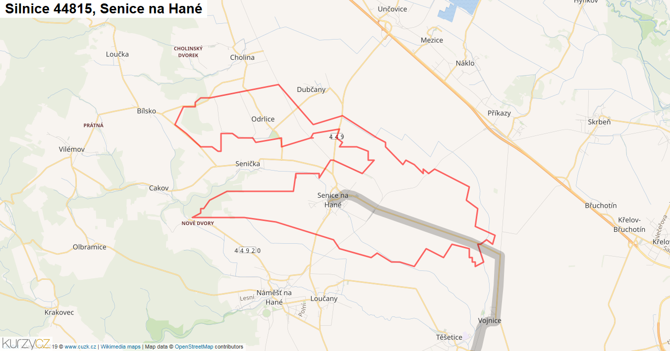 Senice na Hané, Silnice 44815 - Mapa