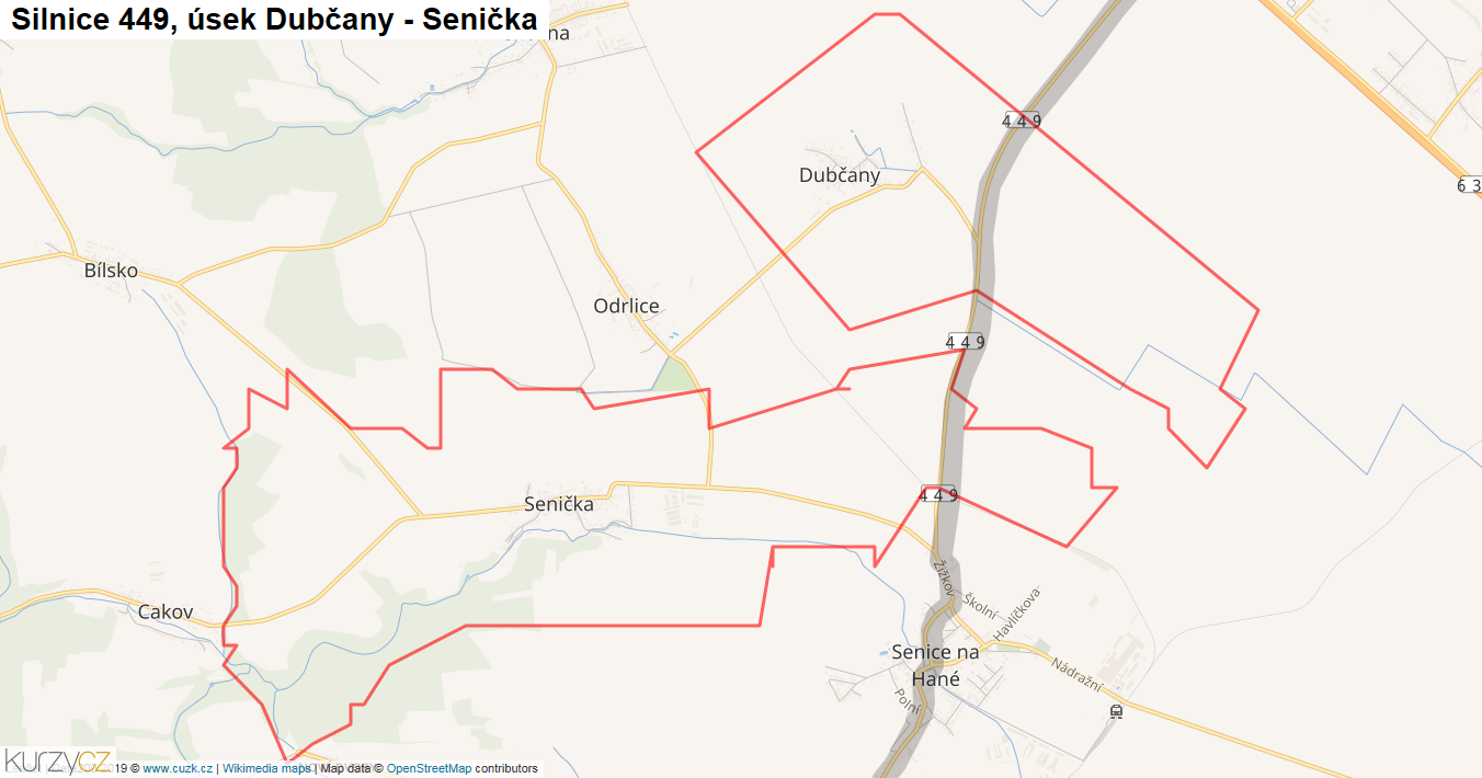 Úsek Dubčany - Senička, Silnice 449 - Mapa