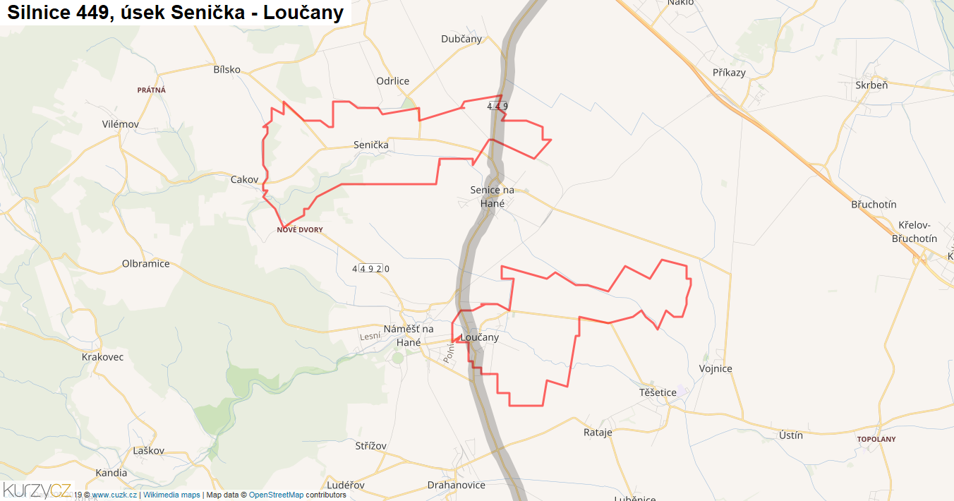 Úsek Senička - Loučany, Silnice 449 - Mapa