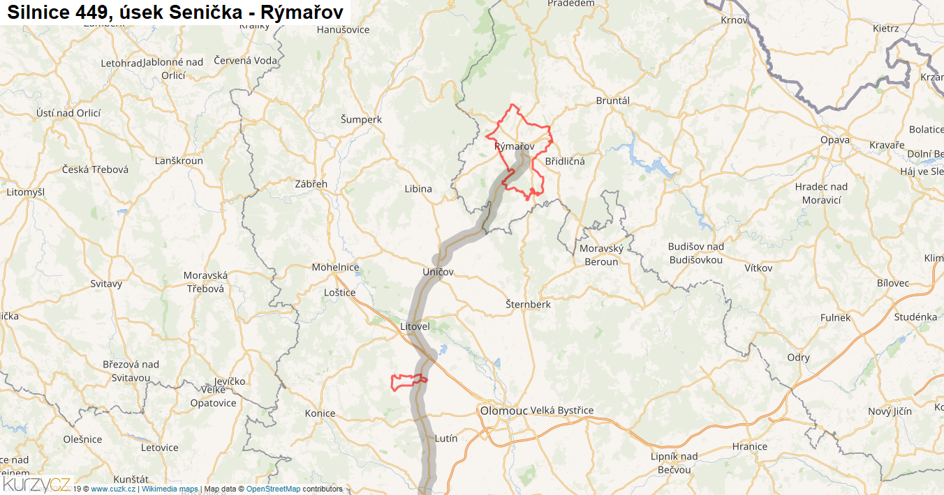 Úsek Senička - Rýmařov, Silnice 449 - Mapa