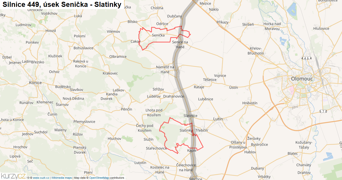Úsek Senička - Slatinky, Silnice 449 - Mapa