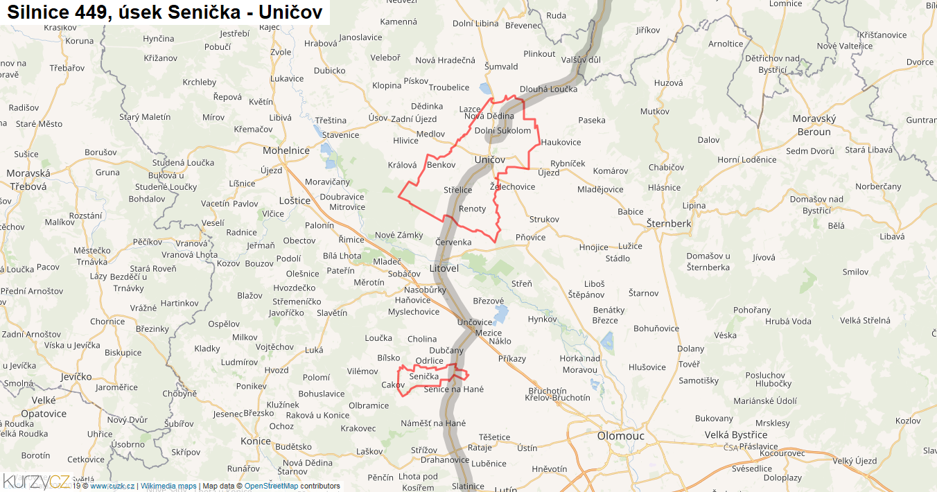 Úsek Senička - Uničov, Silnice 449 - Mapa