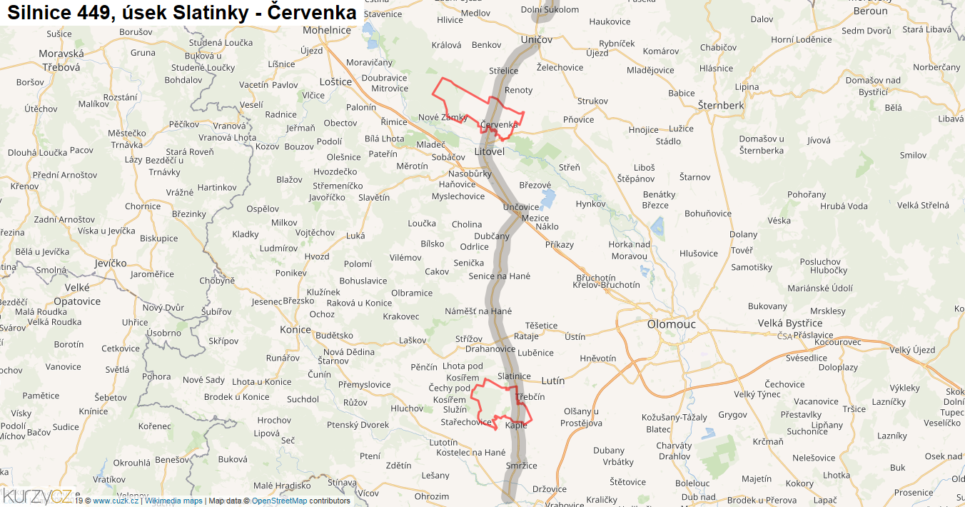 Úsek Slatinky - Červenka, Silnice 449 - Mapa