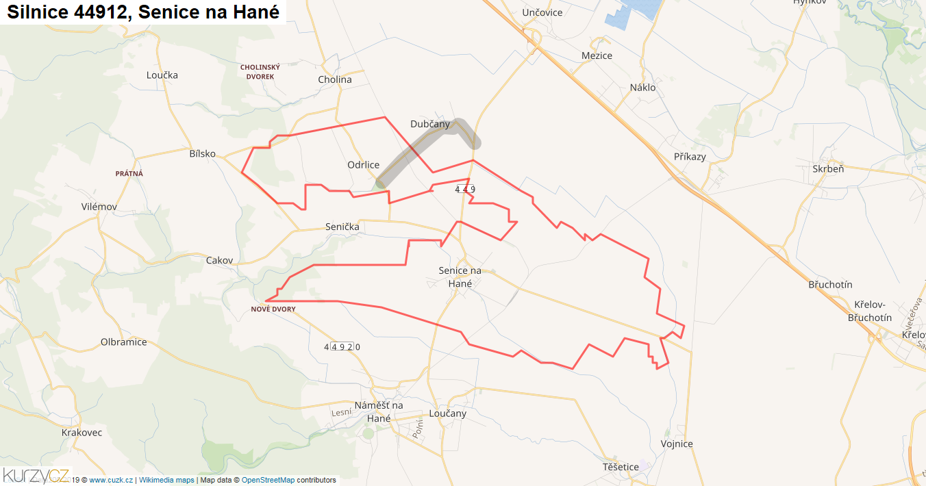 Senice na Hané, Silnice 44912 - Mapa