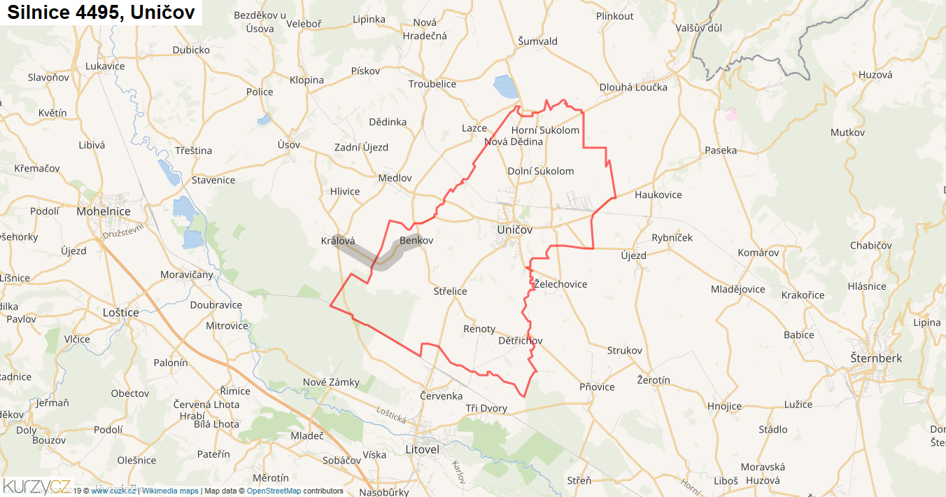 Uničov, Silnice 4495 - Mapa