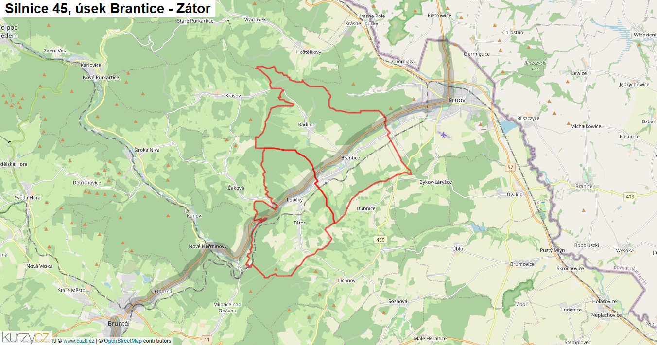 Úsek Brantice - Zátor, Silnice 45 - Mapa