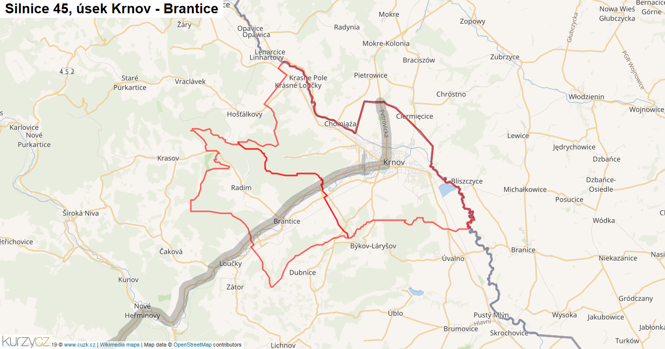 Úsek Krnov - Brantice, Silnice 45 - Mapa