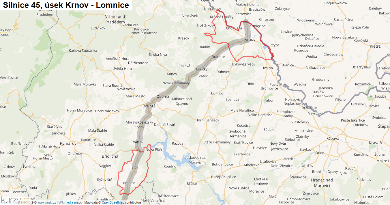 Úsek Krnov - Lomnice, Silnice 45 - Mapa
