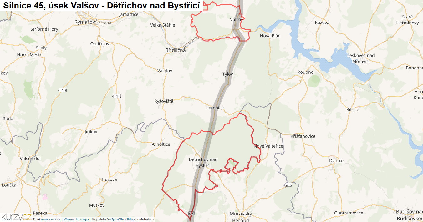 Úsek Valšov - Dětřichov nad Bystřicí, Silnice 45 - Mapa