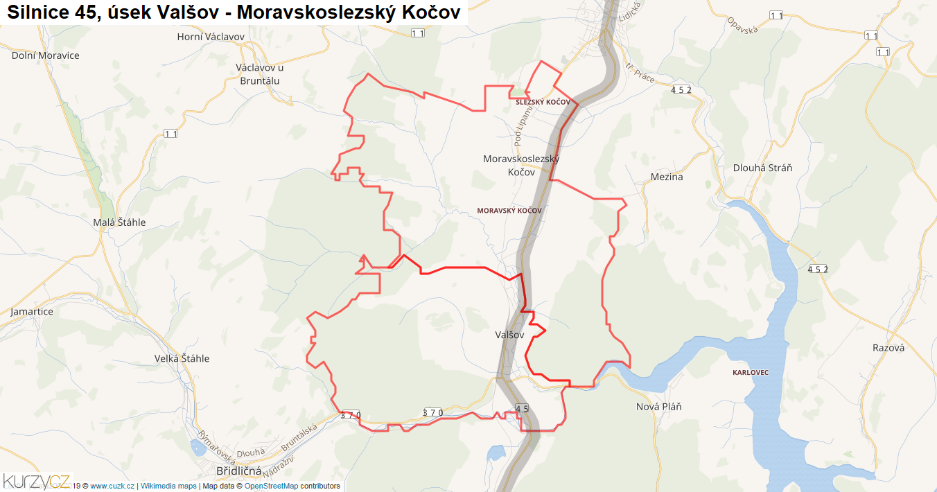 Úsek Valšov - Moravskoslezský Kočov, Silnice 45 - Mapa