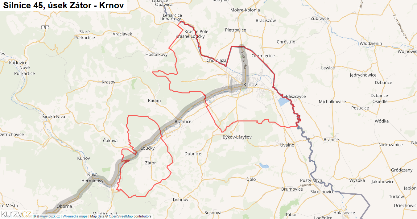 Úsek Zátor - Krnov, Silnice 45 - Mapa