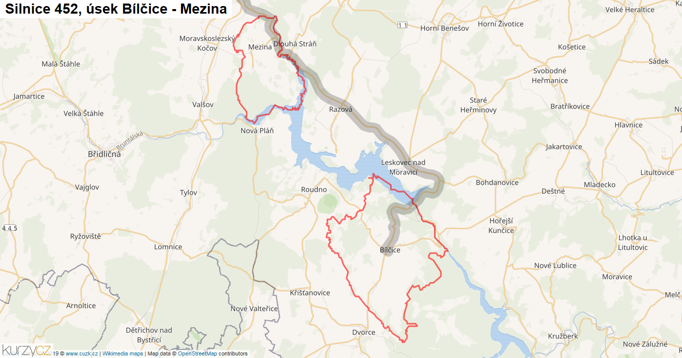 Úsek Bílčice - Mezina, Silnice 452 - Mapa