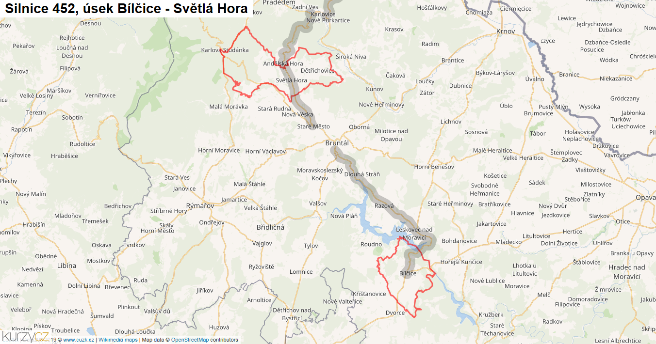 Úsek Bílčice - Světlá Hora, Silnice 452 - Mapa