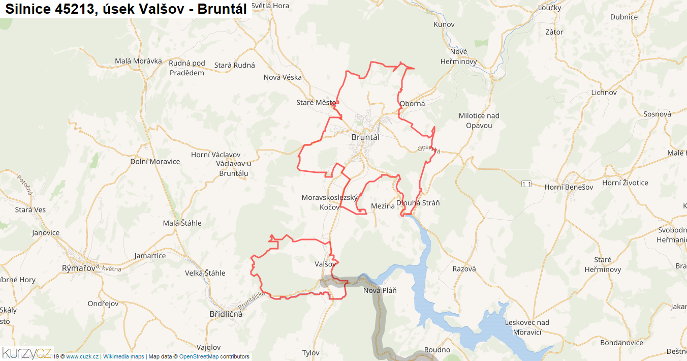 Úsek Valšov - Bruntál, Silnice 45213 - Mapa