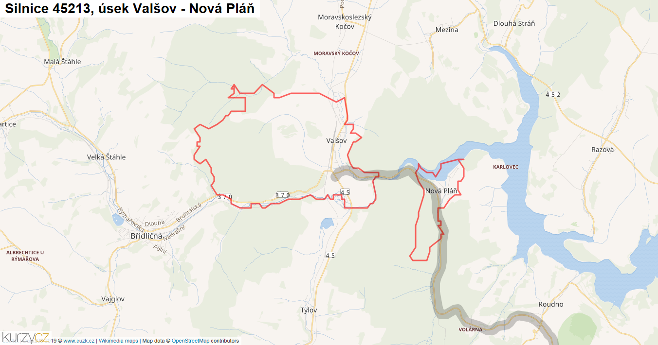 Úsek Valšov - Nová Pláň, Silnice 45213 - Mapa