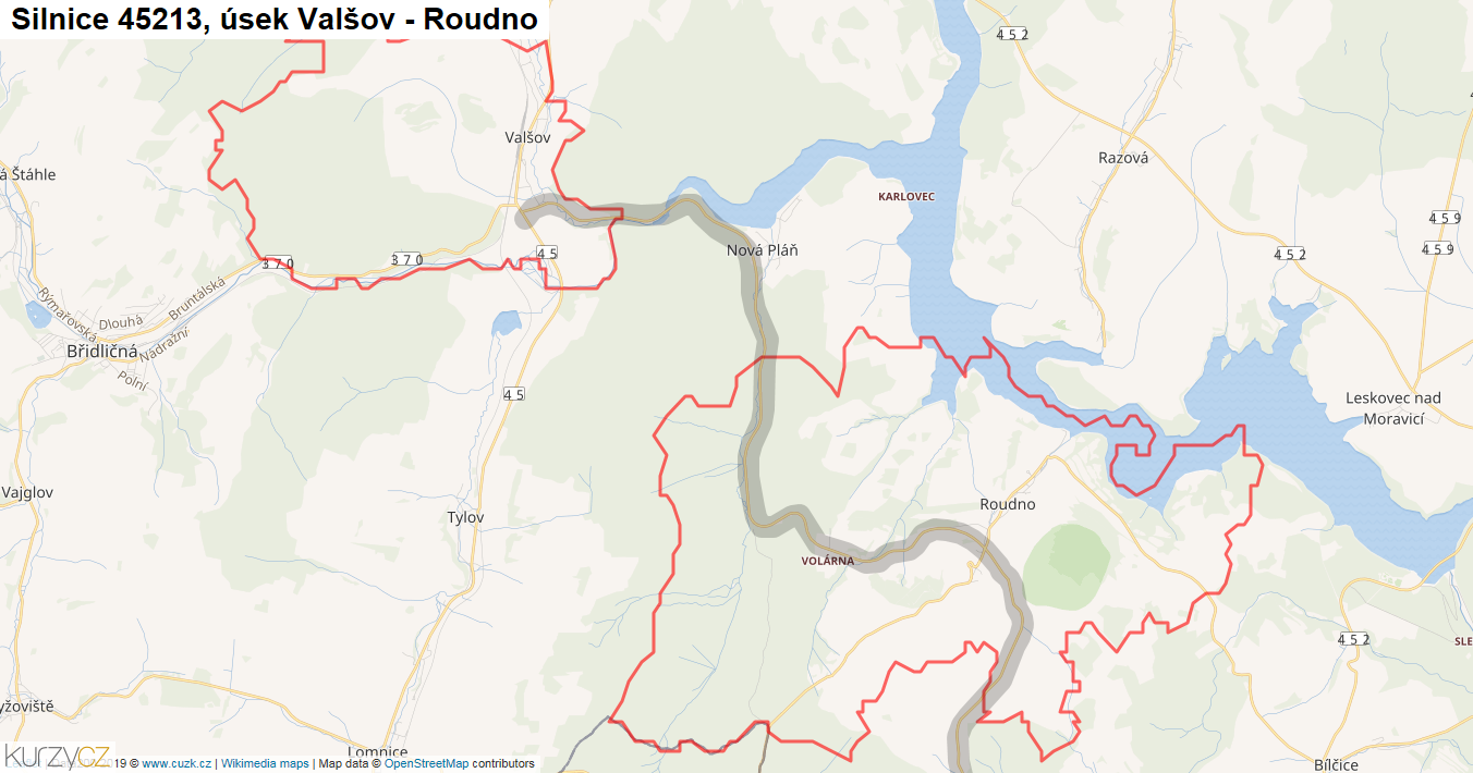 Úsek Valšov - Roudno, Silnice 45213 - Mapa