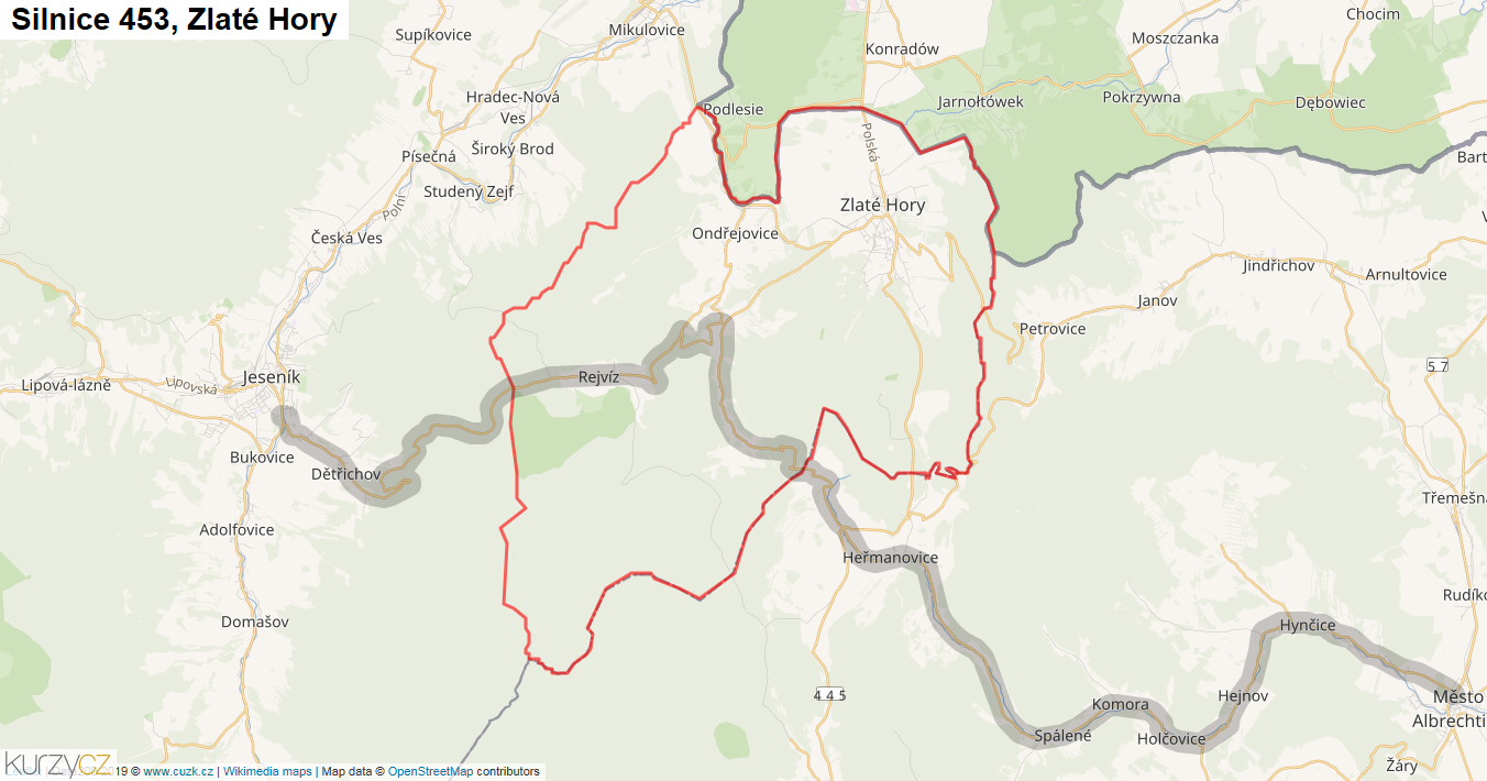 Zlaté Hory, Silnice 453 - Mapa