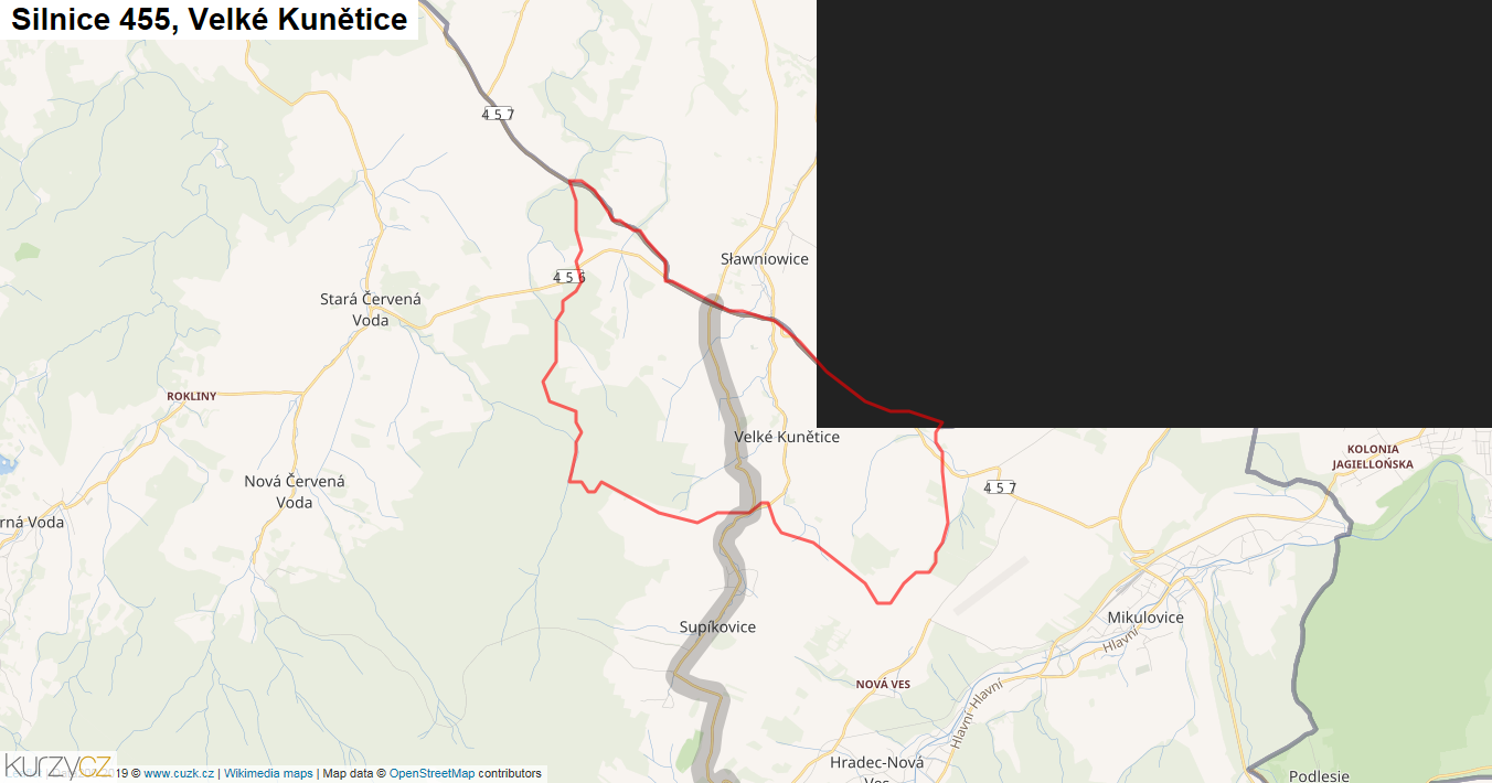 Velké Kunětice, Silnice 455 - Mapa