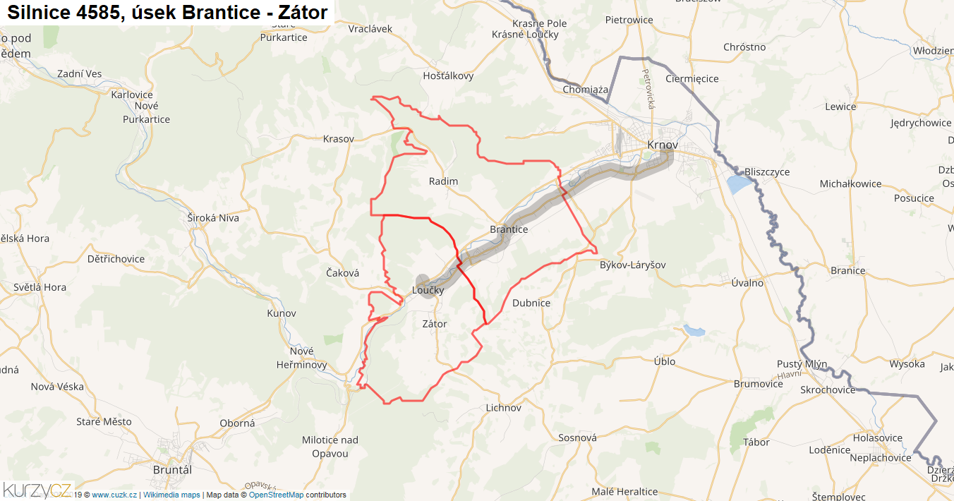 Úsek Brantice - Zátor, Silnice 4585 - Mapa
