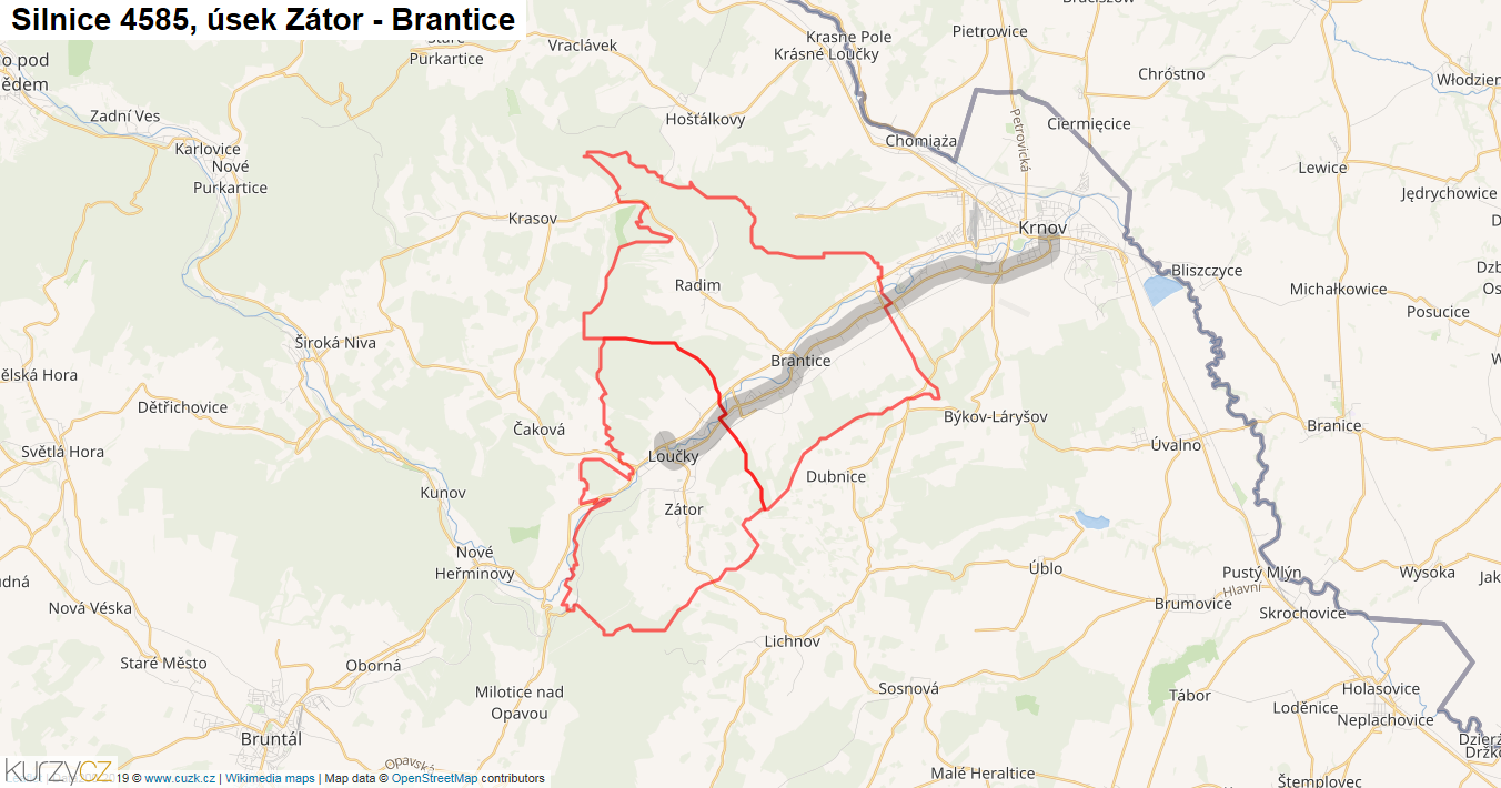 Úsek Zátor - Brantice, Silnice 4585 - Mapa