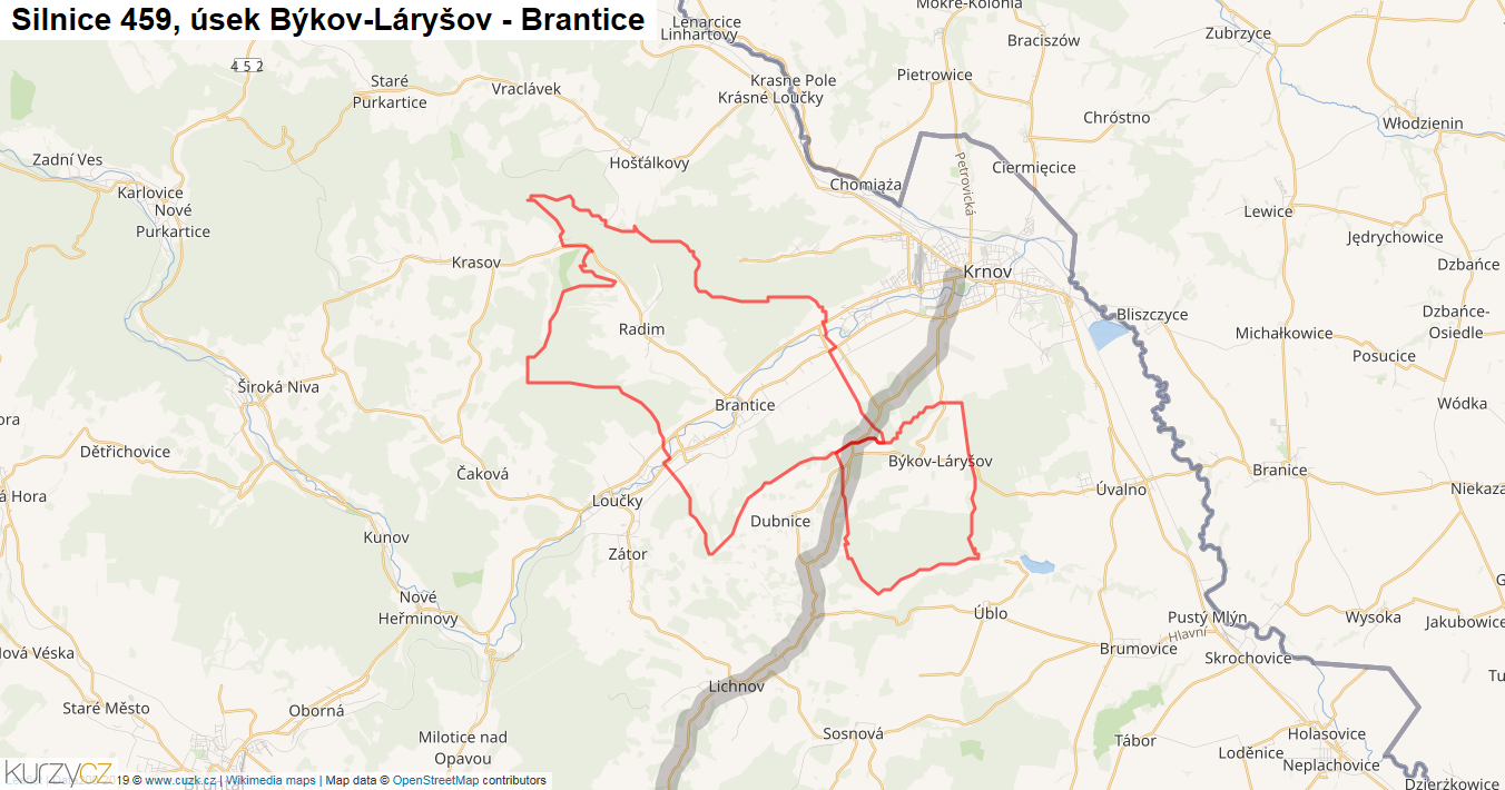 Úsek Býkov-Láryšov - Brantice, Silnice 459 - Mapa