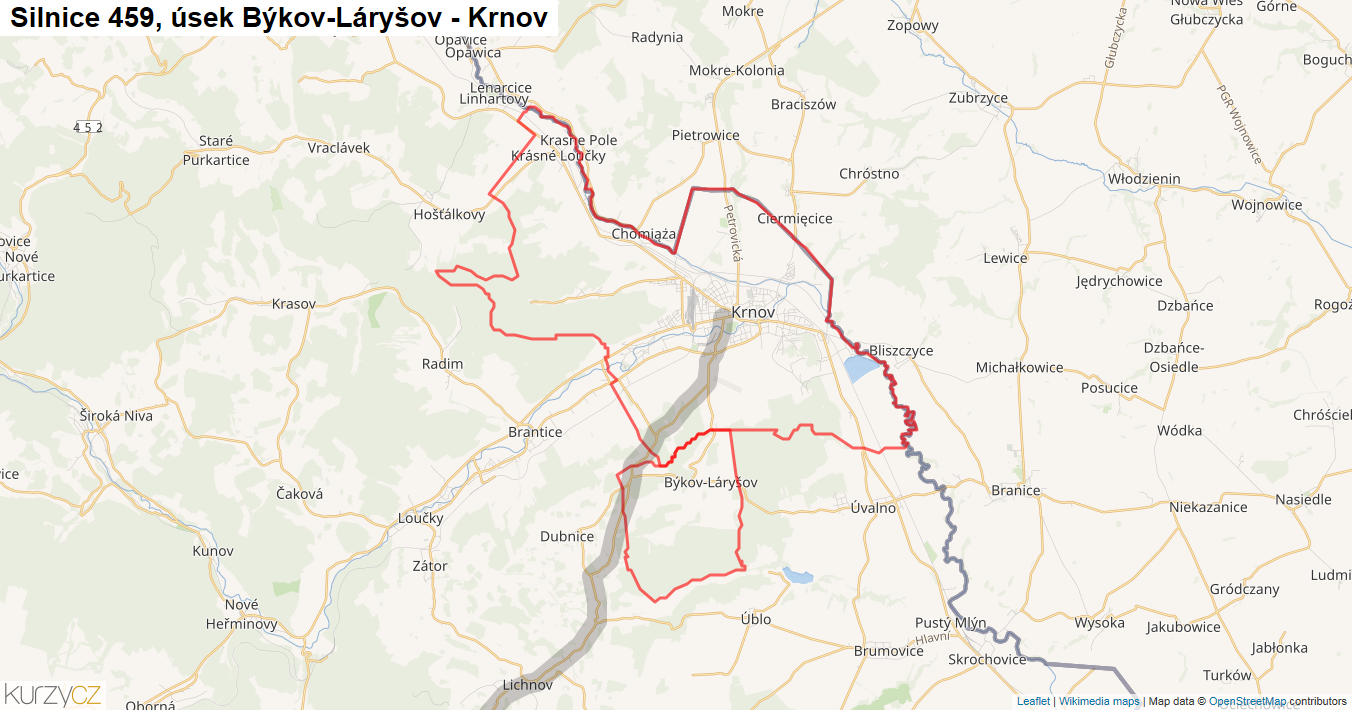 Úsek Býkov-Láryšov - Krnov, Silnice 459 - Mapa