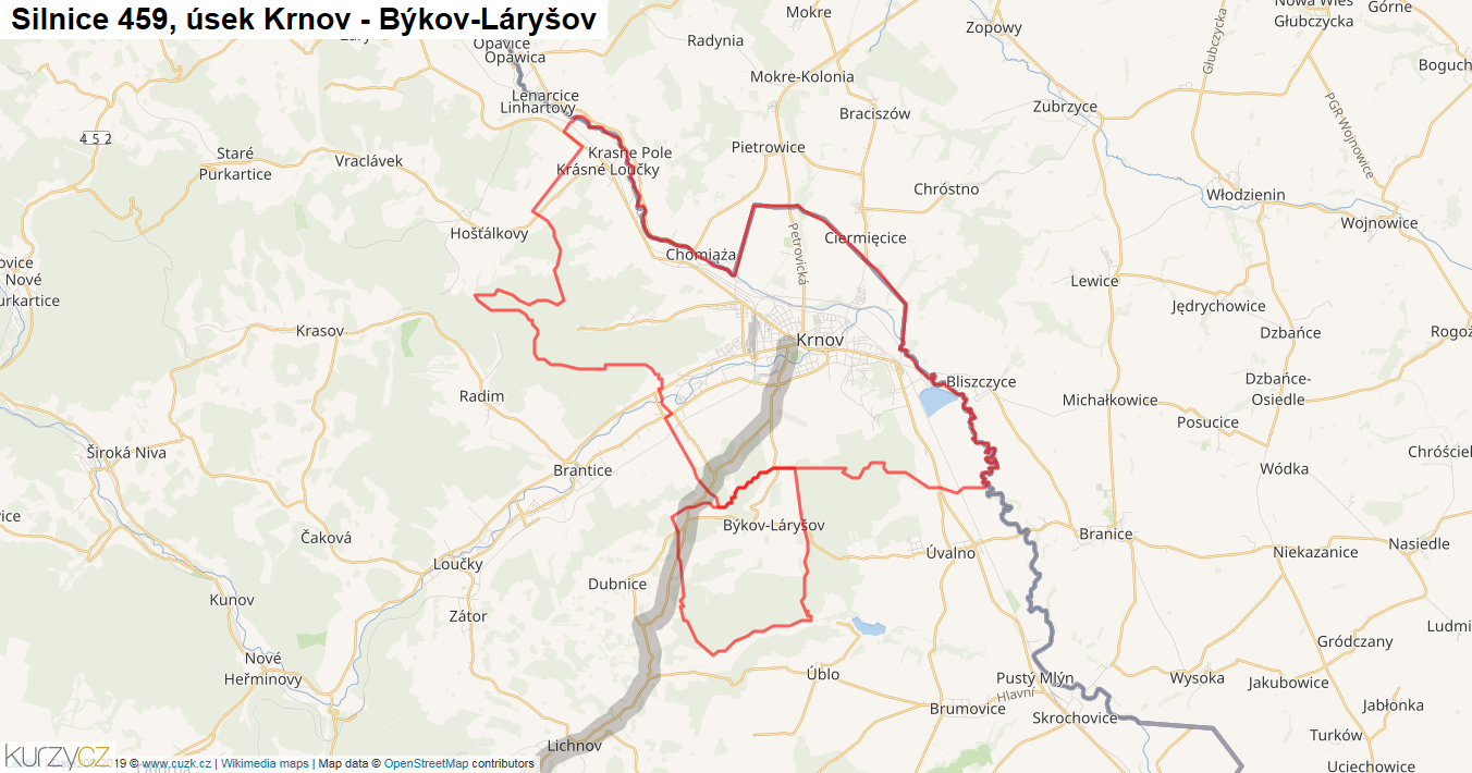 Úsek Krnov - Býkov-Láryšov, Silnice 459 - Mapa