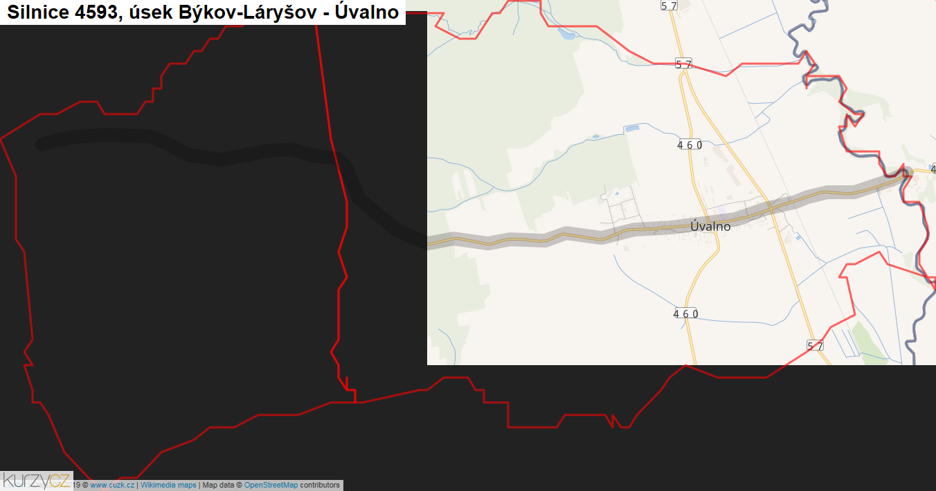 Úsek Býkov-Láryšov - Úvalno, Silnice 4593 - Mapa