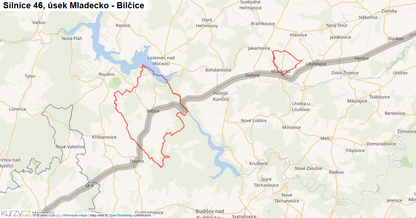 Úsek Mladecko - Bílčice, Silnice 46 - Mapa