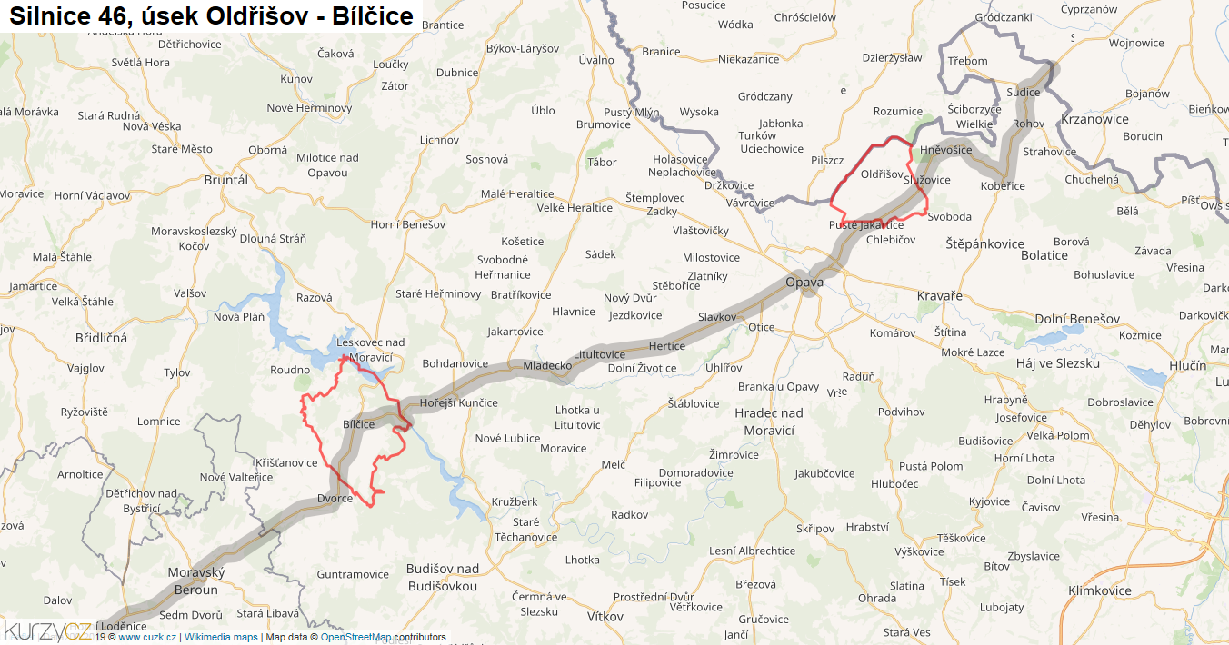 Úsek Oldřišov - Bílčice, Silnice 46 - Mapa