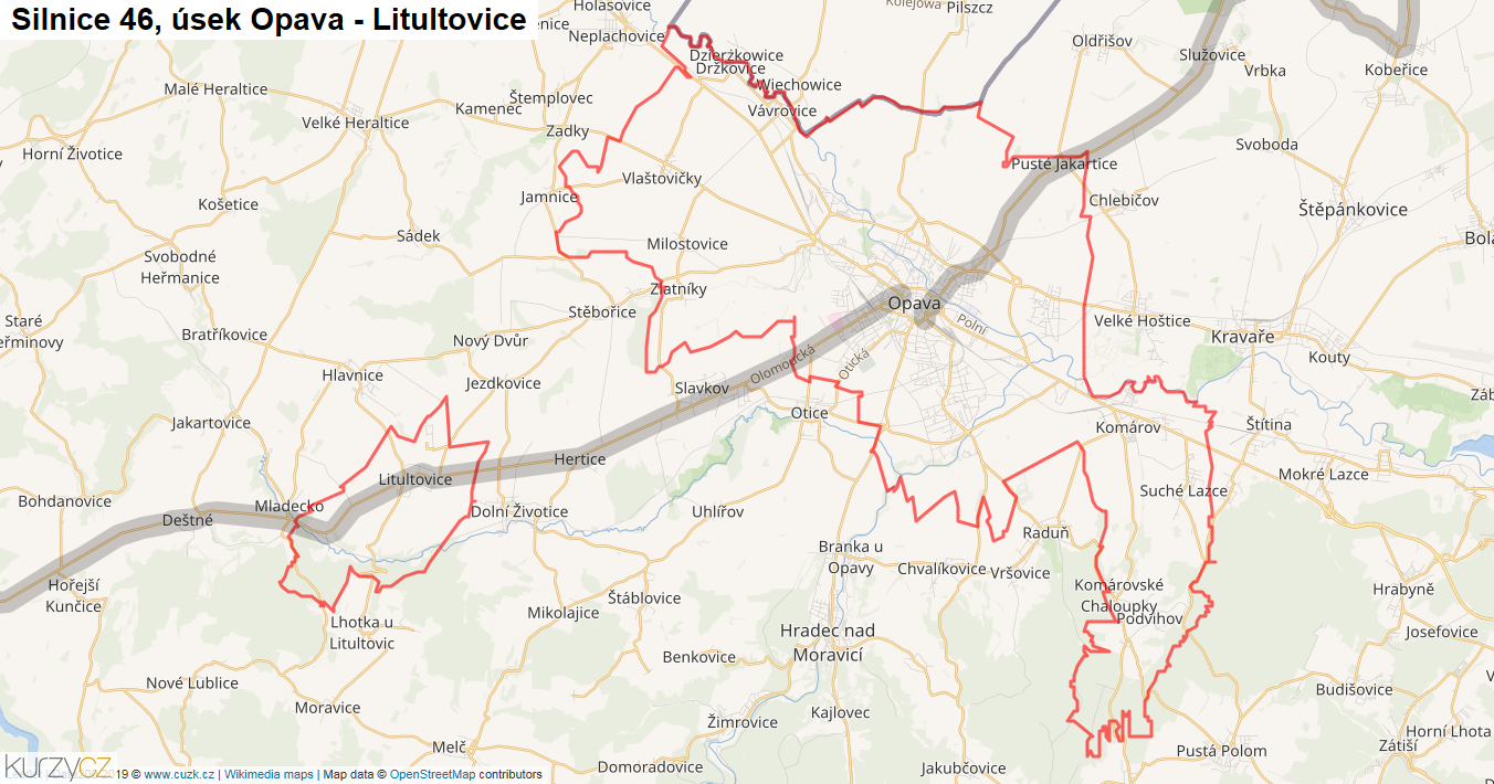 Úsek Opava - Litultovice, Silnice 46 - Mapa