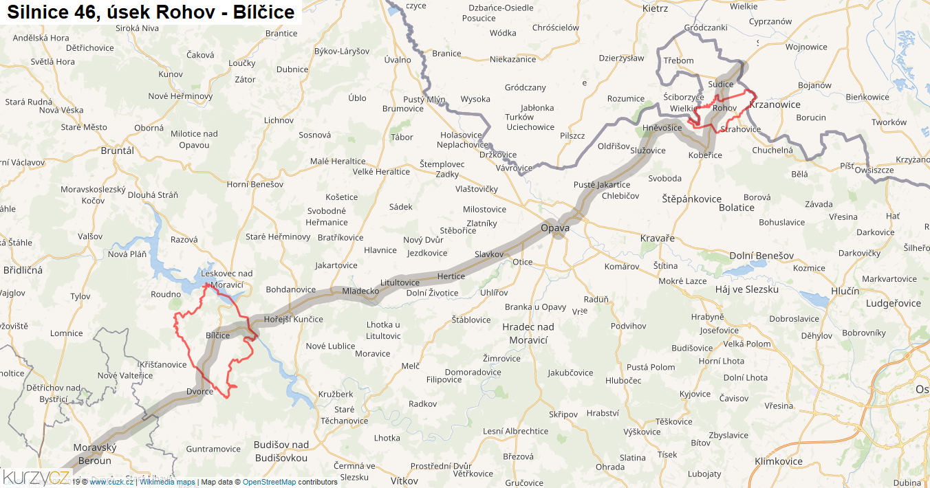 Úsek Rohov - Bílčice, Silnice 46 - Mapa