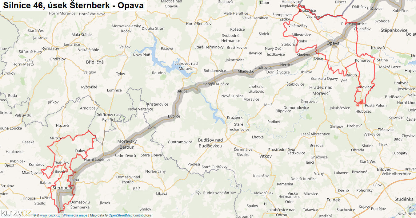 Úsek Šternberk - Opava, Silnice 46 - Mapa