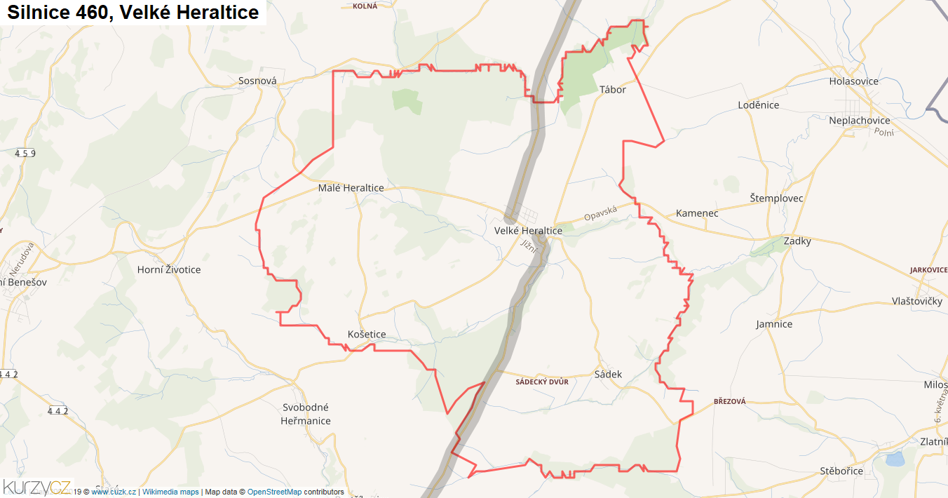 Velké Heraltice, Silnice 460 - Mapa