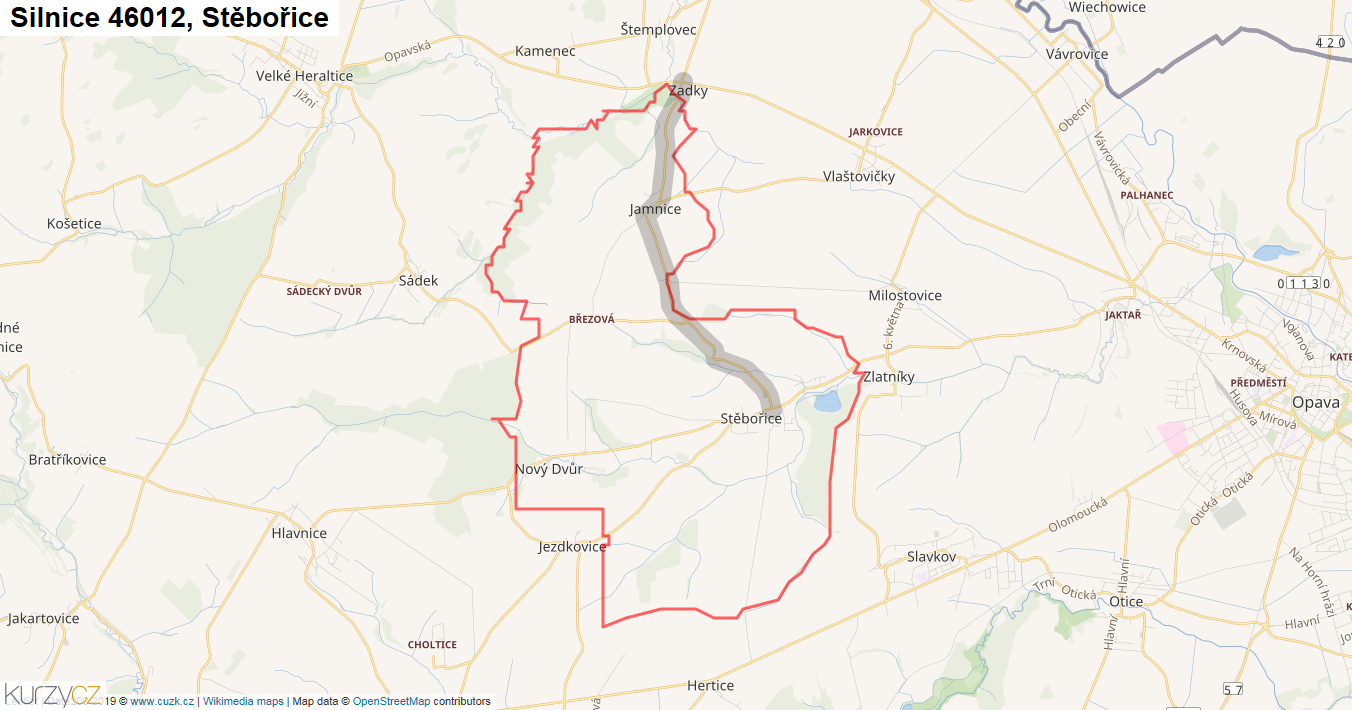 Stěbořice, Silnice 46012 - Mapa