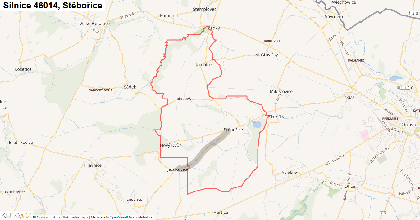 Stěbořice, Silnice 46014 - Mapa