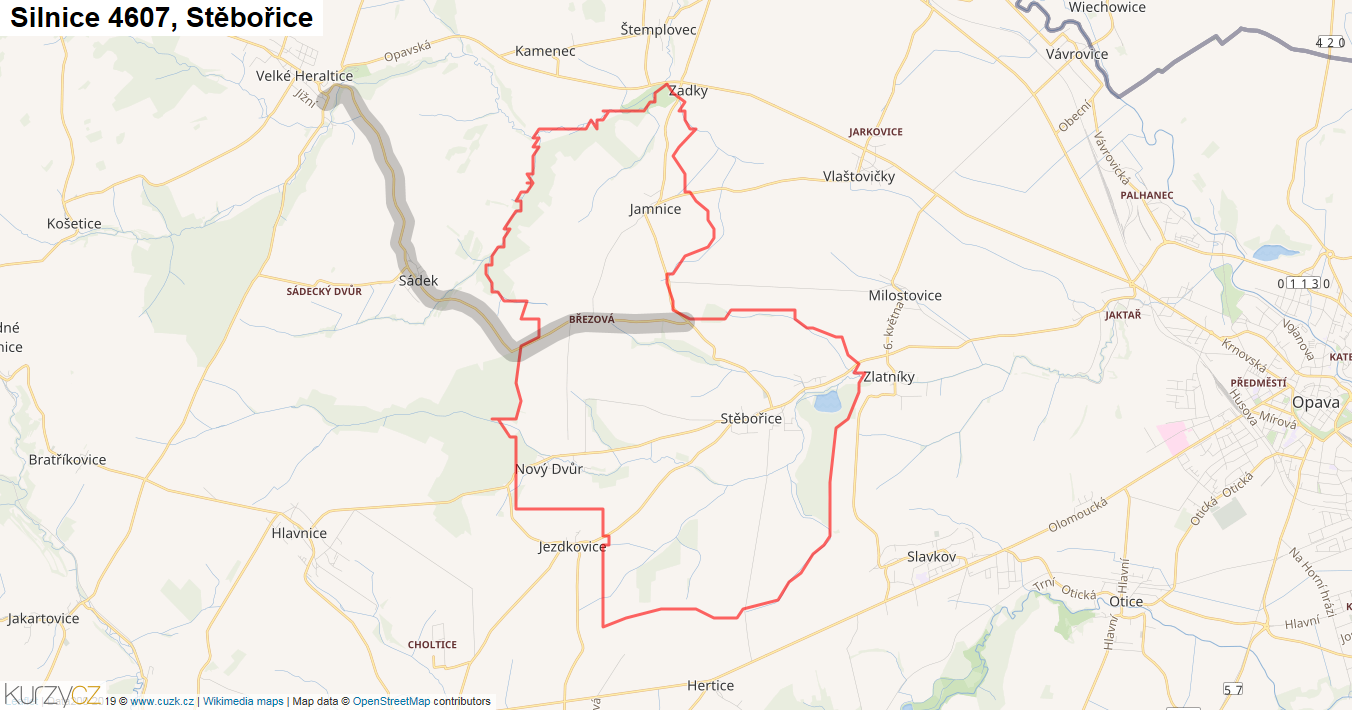 Stěbořice, Silnice 4607 - Mapa