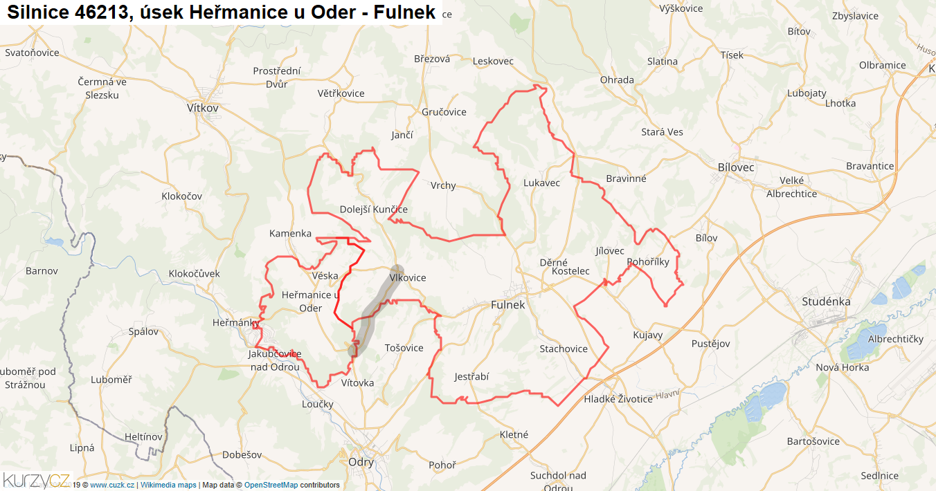 Úsek Heřmanice u Oder - Fulnek, Silnice 46213 - Mapa