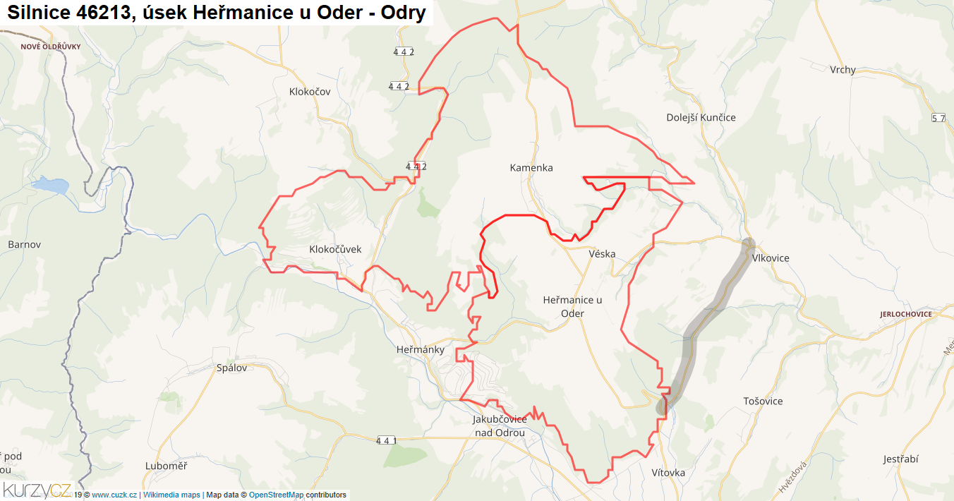 Úsek Heřmanice u Oder - Odry, Silnice 46213 - Mapa