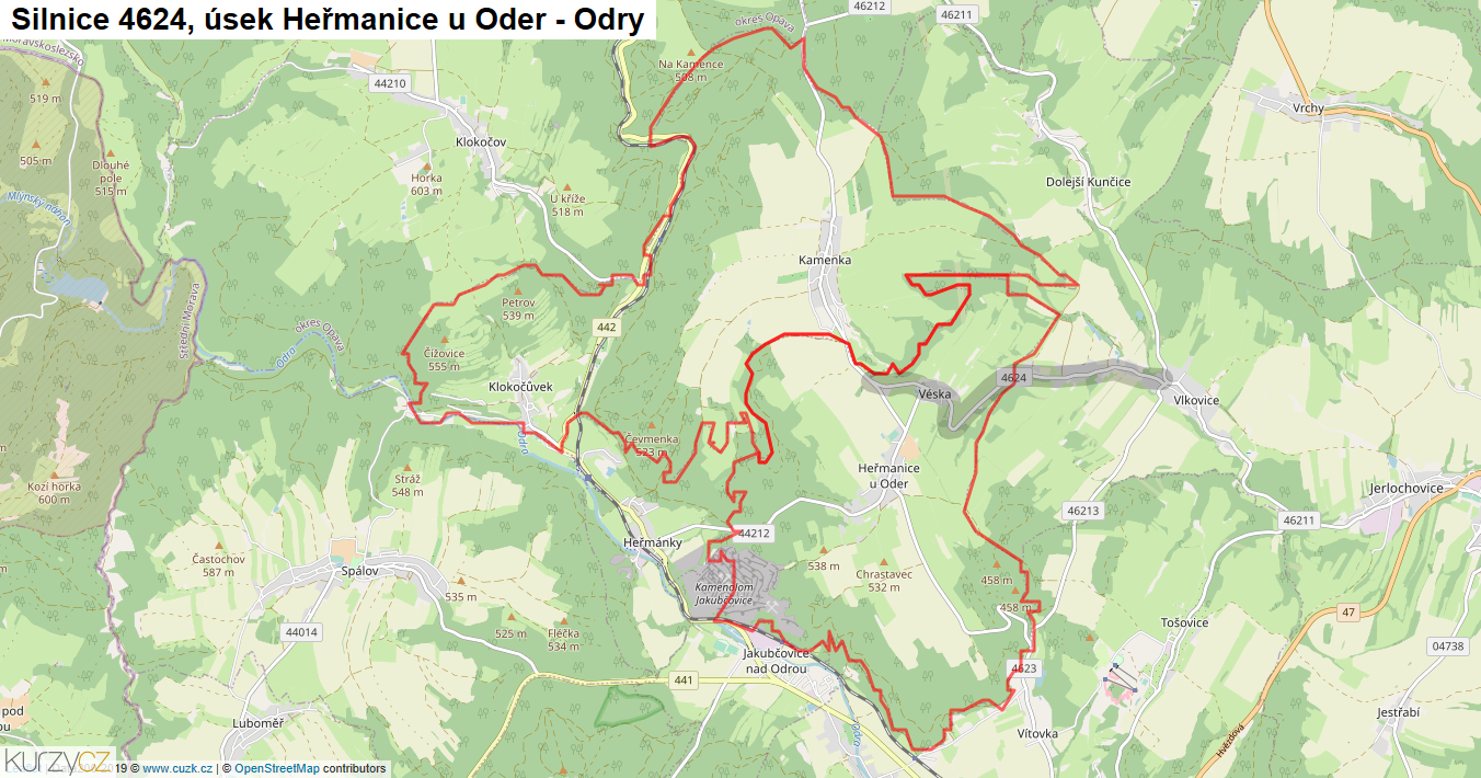 Úsek Heřmanice u Oder - Odry, Silnice 4624 - Mapa