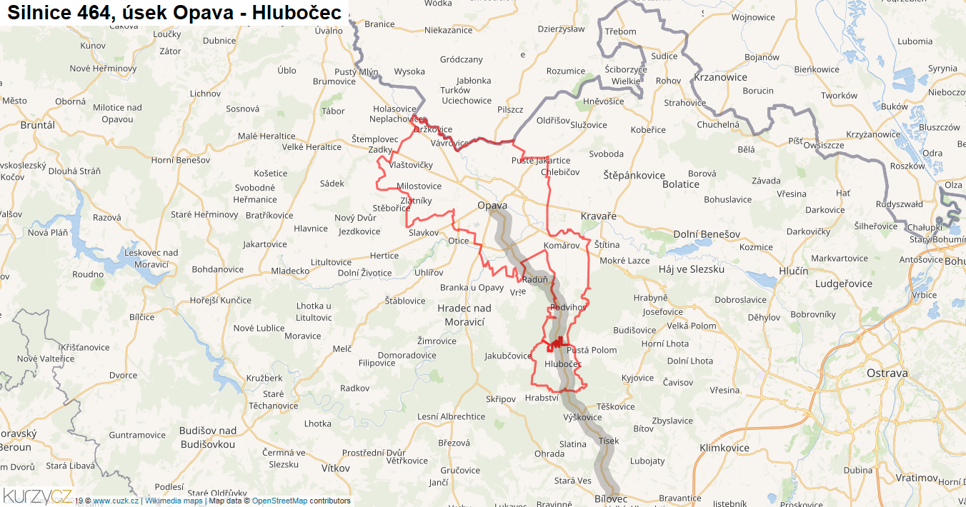 Úsek Opava - Hlubočec, Silnice 464 - Mapa