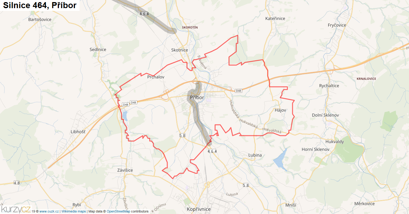 Příbor, Silnice 464 - Mapa