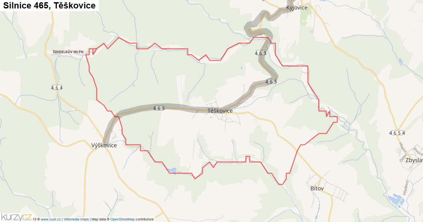 Těškovice, Silnice 465 - Mapa