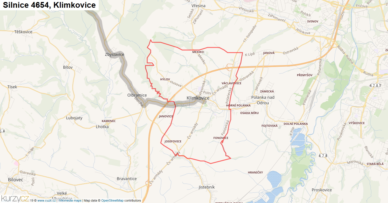 Klimkovice, Silnice 4654 - Mapa