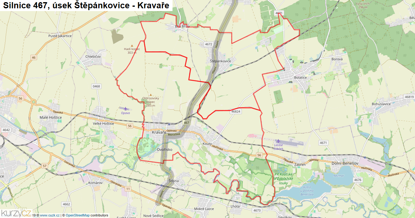 Úsek Štěpánkovice - Kravaře, Silnice 467 - Mapa