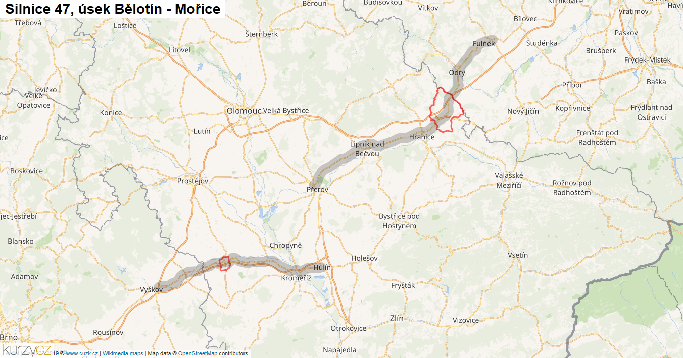 Úsek Bělotín - Mořice, Silnice 47 - Mapa