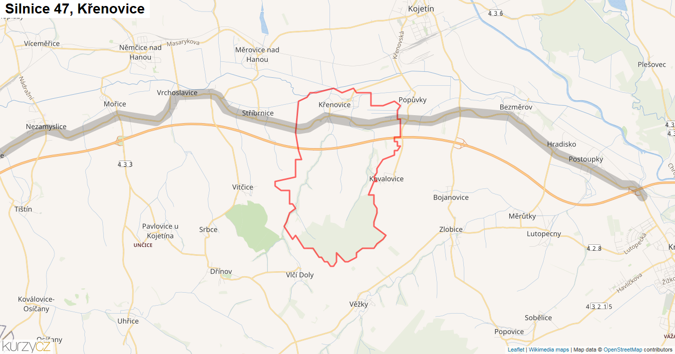 Křenovice, Silnice 47 - Mapa