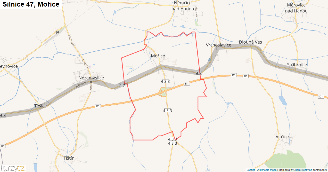 Mořice, Silnice 47 - Mapa